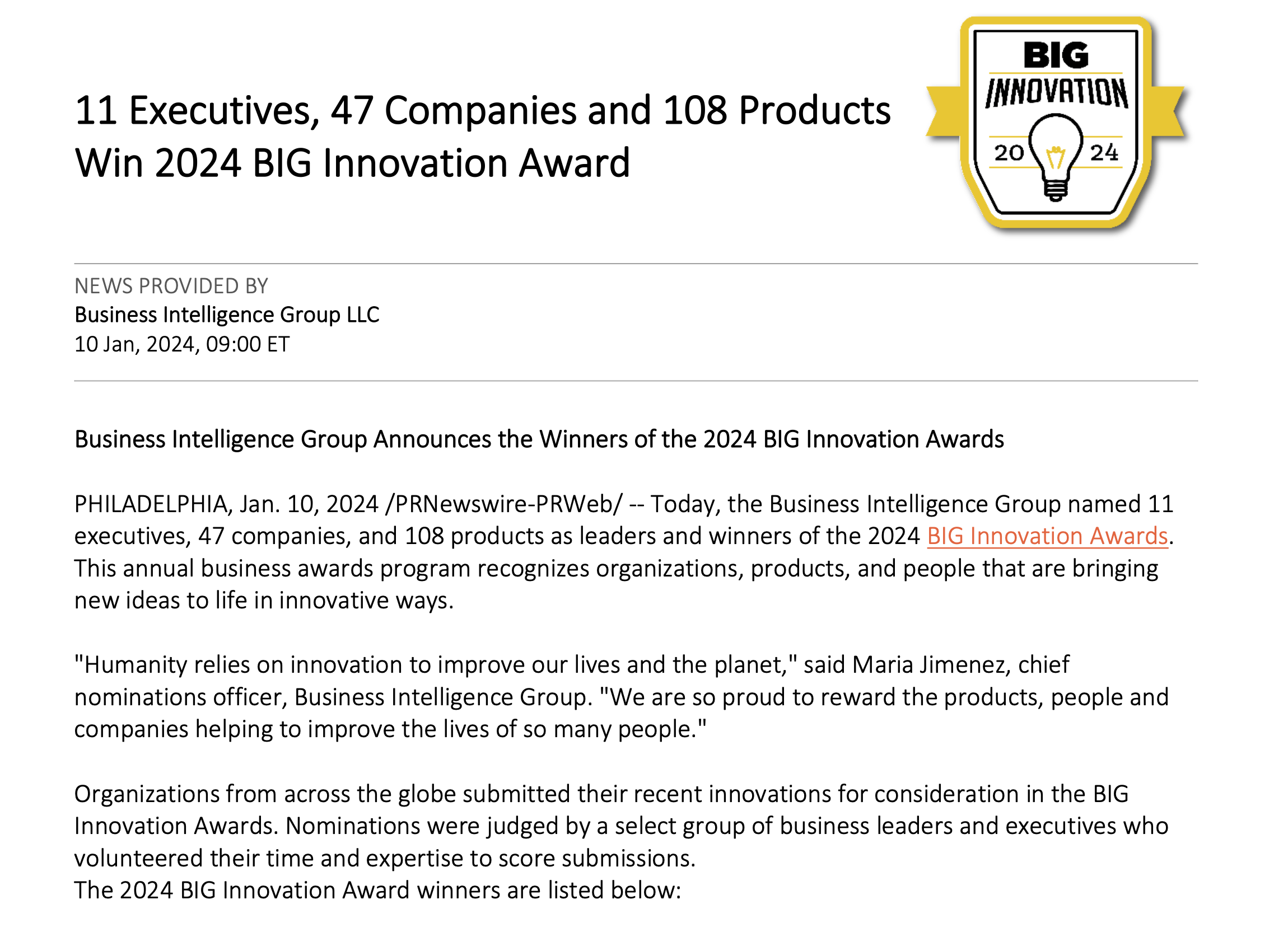 11 Executives 47 Companies and 108 Products Win 2024 BIG Innovation Award