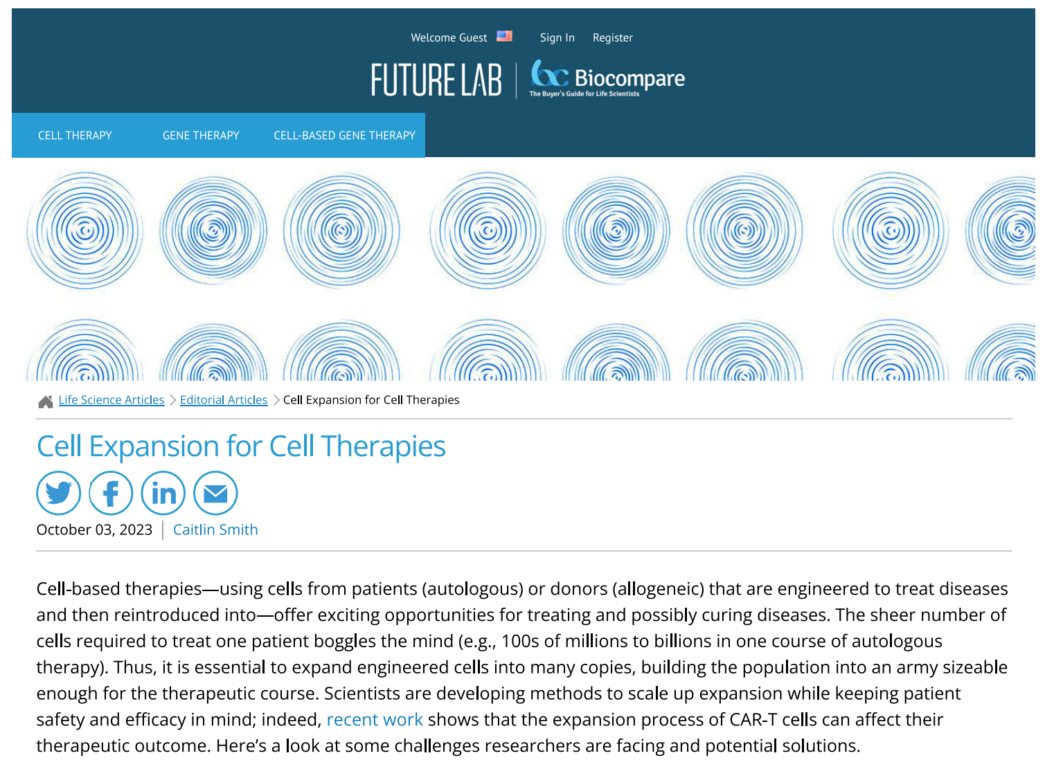 Cell Expansion for Cell Therapies