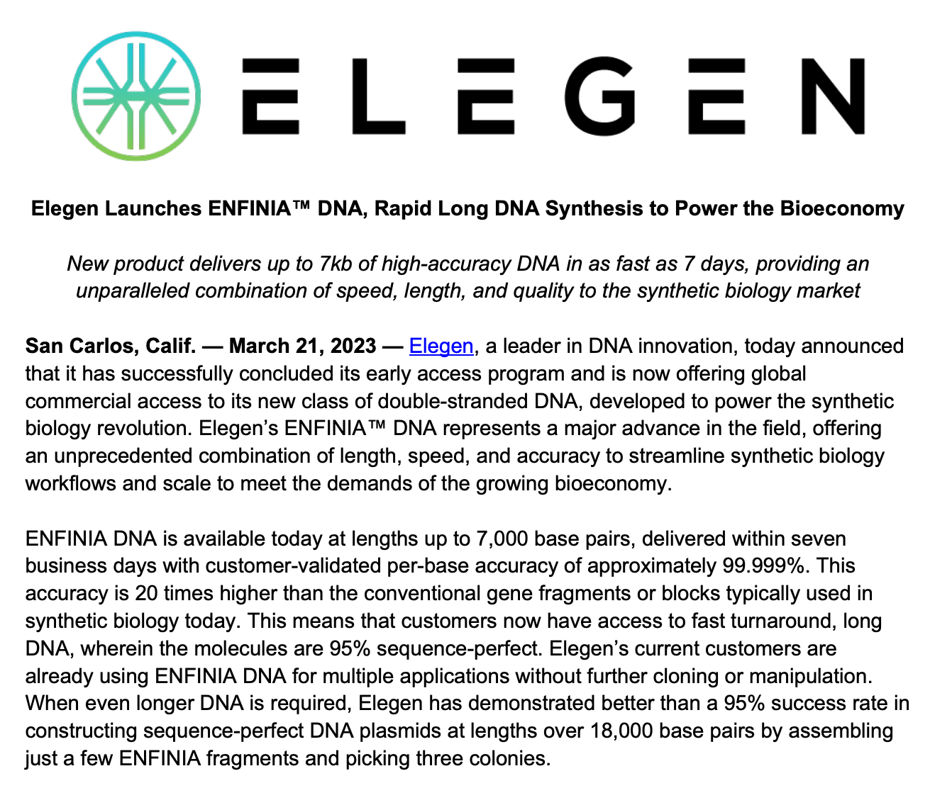 Elegen Launches ENFINIA™ DNA