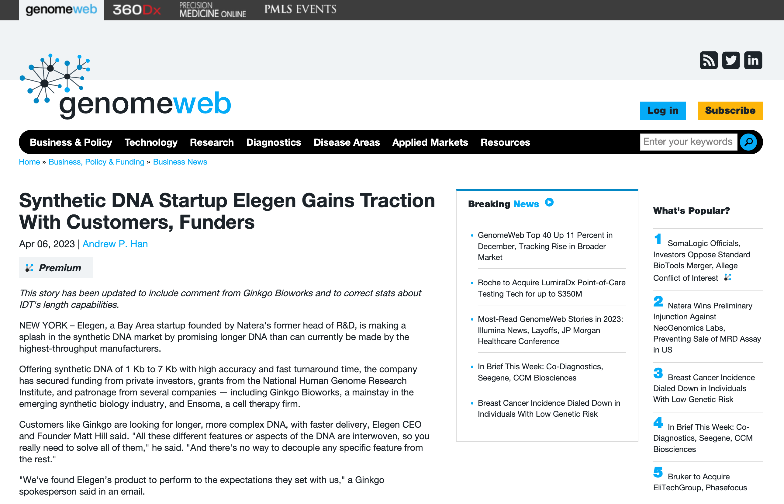 Synthetic DNA Startup Elegen Gains Traction With Customers, Funders