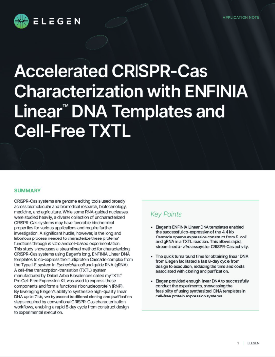 Application Note: Accelerated CRISPR-Cas Characterization with ENFINIA Linear DNA Templates and Cell-Free TXTL