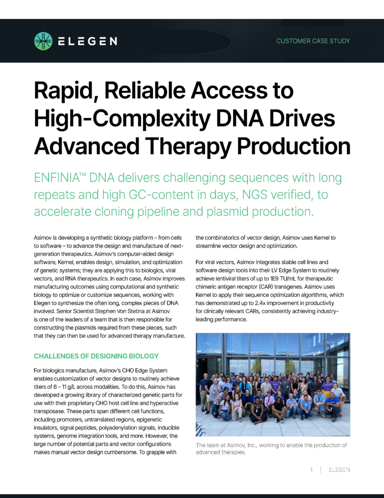 Elegen Provides Asimov with Rapid, Reliable Access to High-Complexity DNA