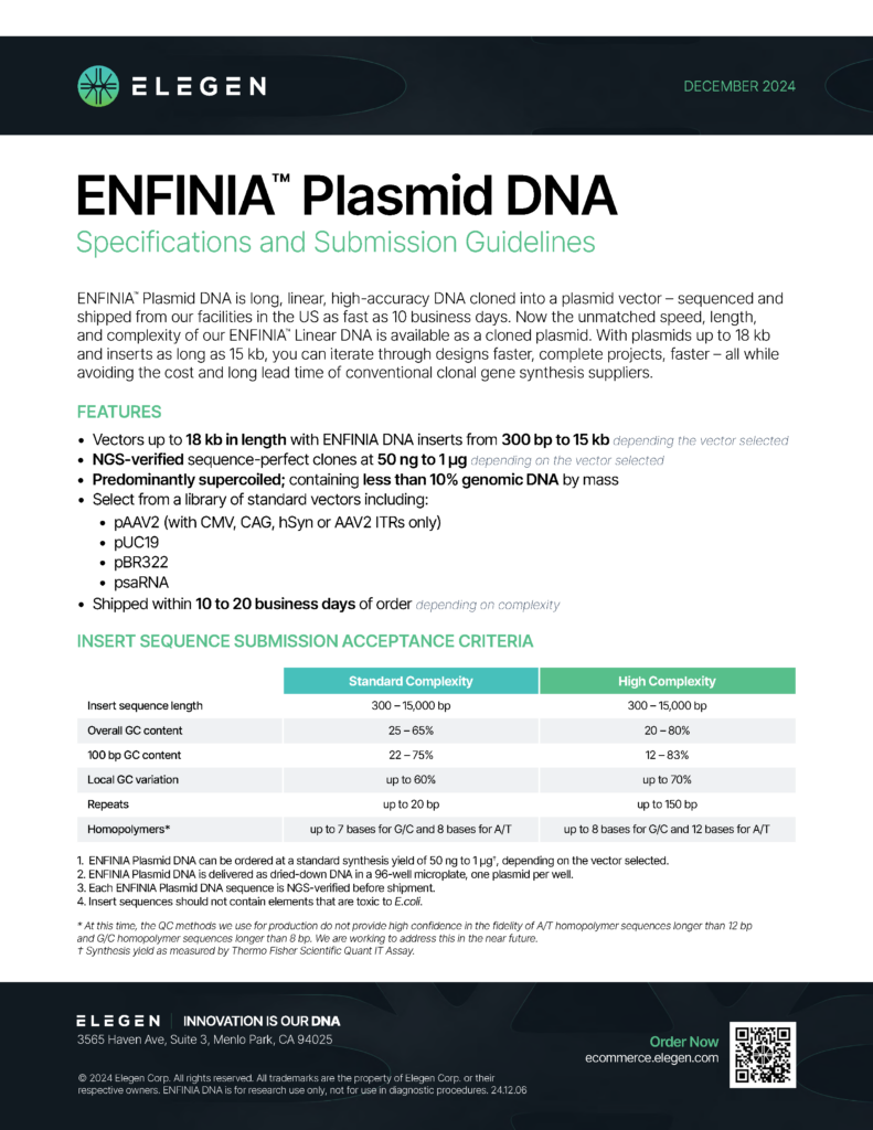 ENFINA Plasmid DNA Specifications and Submission Guidelines