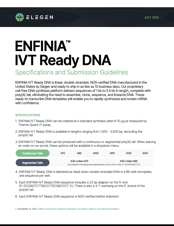 Specifications and Submission Guidelines for ENFINIA IVT Ready DNA Synthesis