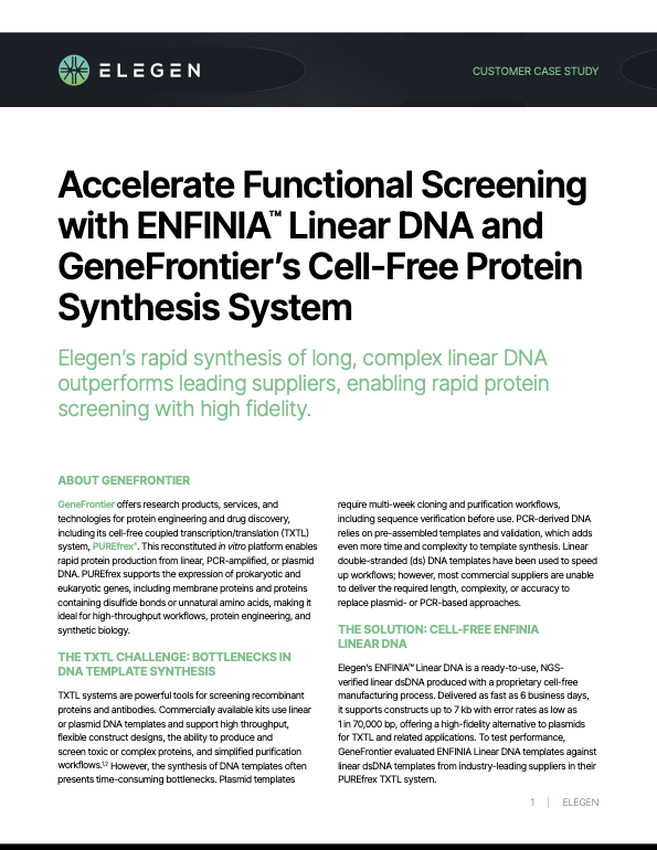 The GeneFrontier case study demonstrates how Elegen's ENFINIA™ Linear DNA accelerates functional screening by providing rapid and reliable synthesis of long, complex linear DNA