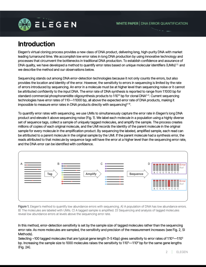 Page shows the Elegen header banner and an Introduction section with a four-panel schematic (A–D) of the sequencing workflow, highlighting tagging, amplification, sequencing, and error comparison.