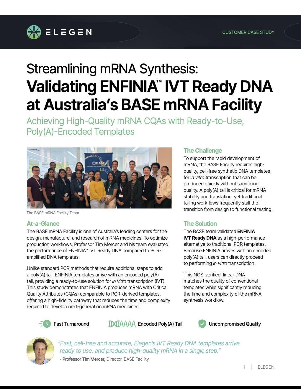 Case study hero: ELEGEN logo, bold mRNA synthesis title, green subtitle, and a group photo of the BASE mRNA Facility team.